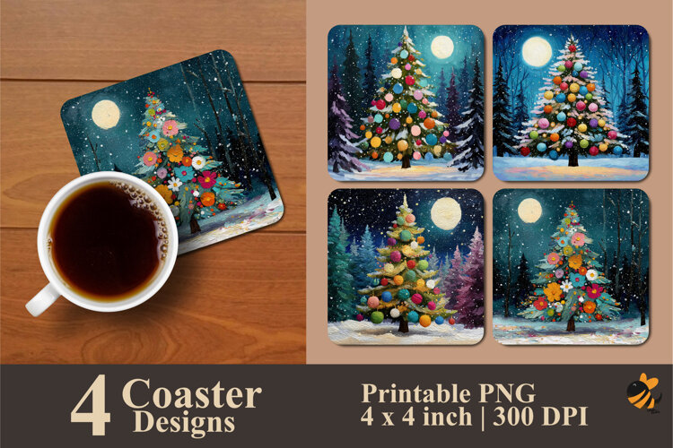 Winter Ornamental Trees Coaster Sublimation Design example image 1