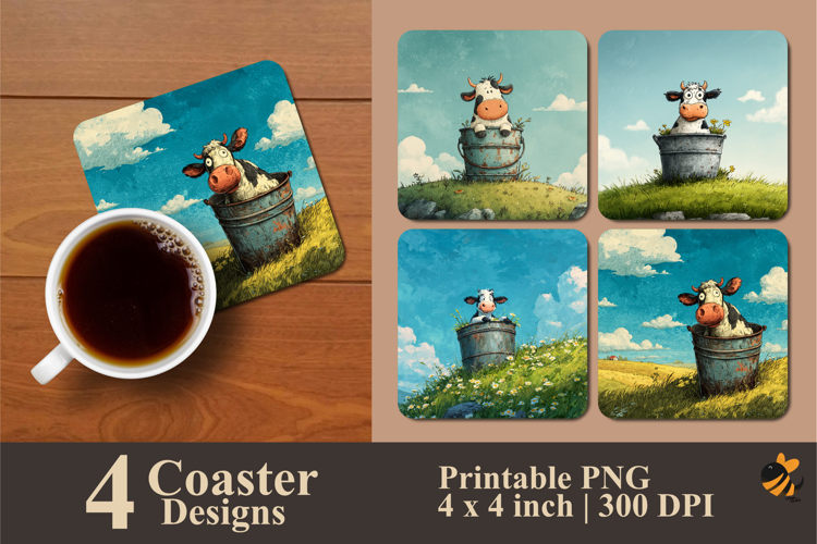 Green Hill Cow Coaster Sublimation Design