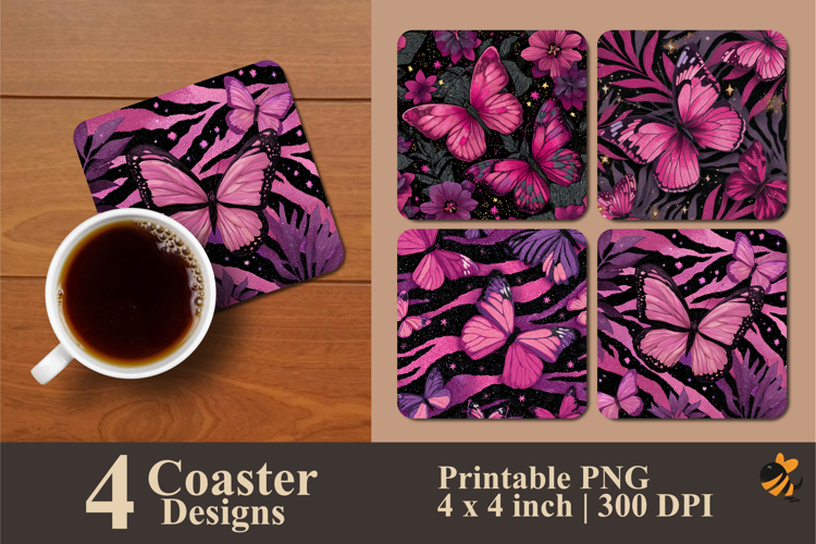 Pink Butterflies Coaster Sublimation Design