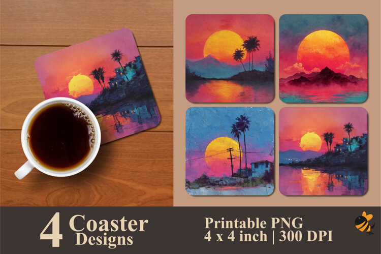 Neon Sunset Beautiful Coaster Sublimation Design example image 1