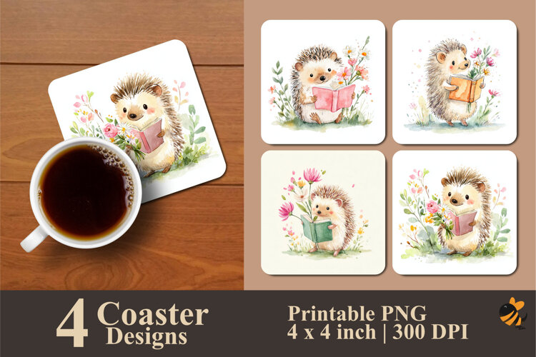 Reading Hedgehog Coaster Sublimation Design example image 1