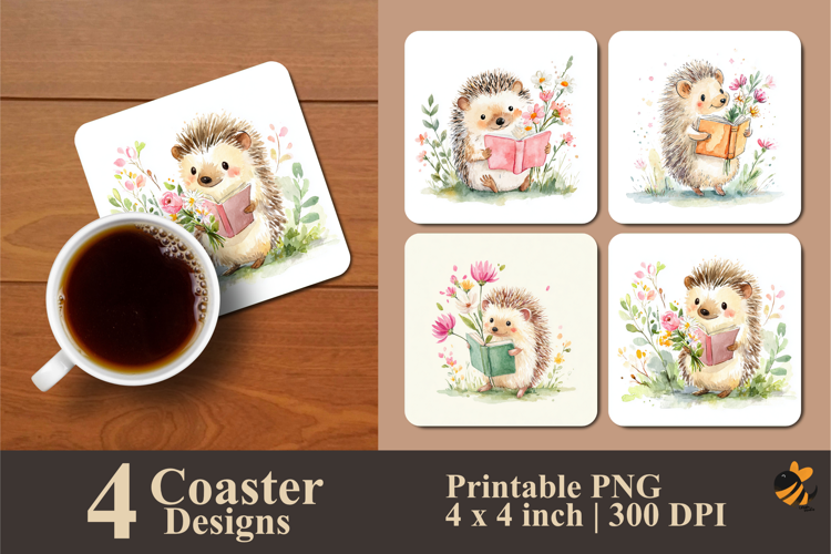 Reading Hedgehog Coaster Sublimation Design