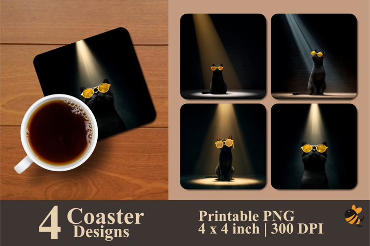 Black Cat Glasses Coaster Sublimation Design