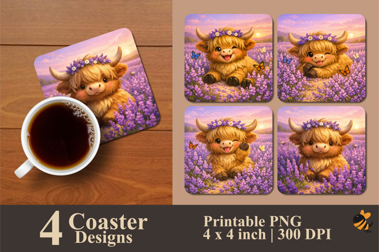 Highland Cows And Lavender Field Coaster Sublimation Design