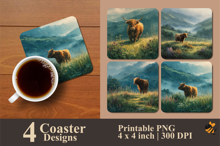 Mountain Wild Cow Coaster Sublimation Design