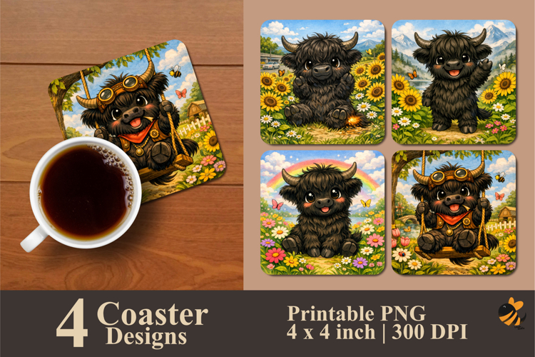 Black Highland Cow Coaster Sublimation Design