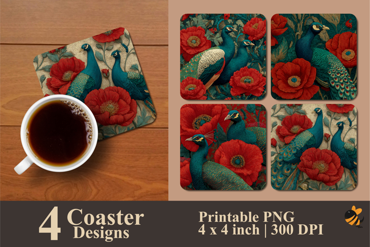 Peacock Flower Coaster Sublimation Design