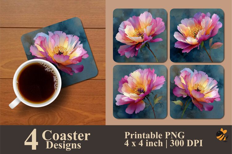 Pink Peony Flowers Coaster Sublimation Design example image 1