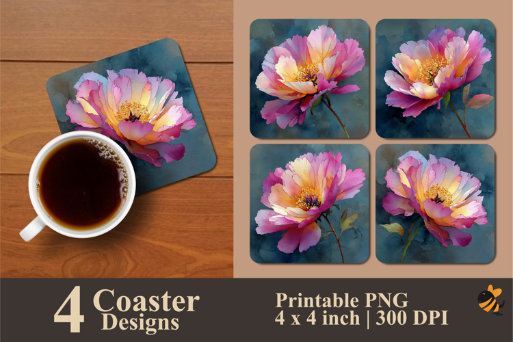 Pink Peony Flowers Coaster Sublimation Design