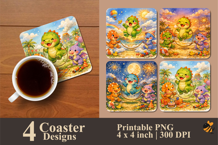 Playful Dinosaur Coaster Sublimation Design