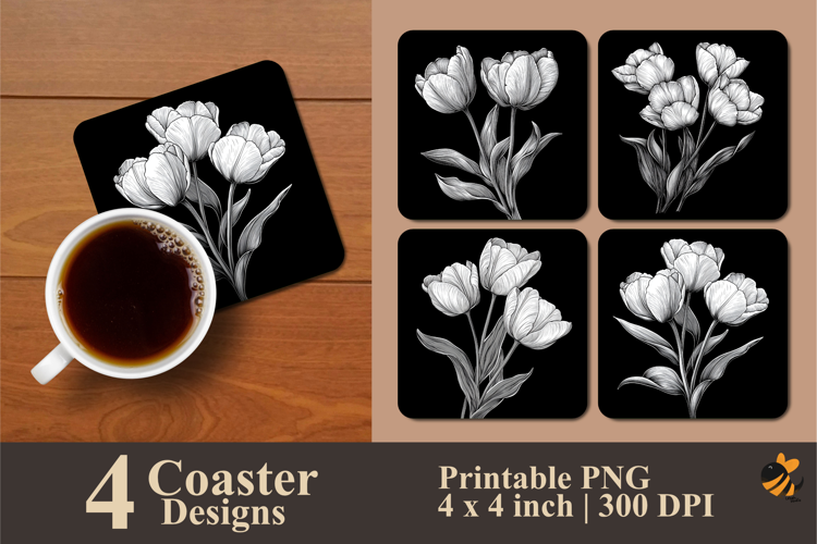 Black and White Tulips Coaster Sublimation Design