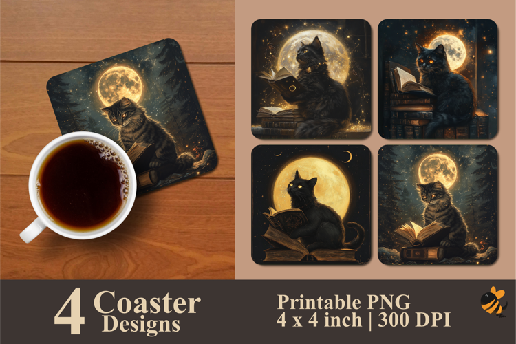 Cat Reading Coaster Sublimation Design
