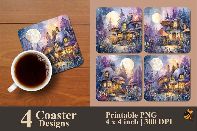 Mushroom House Coaster Sublimation Design