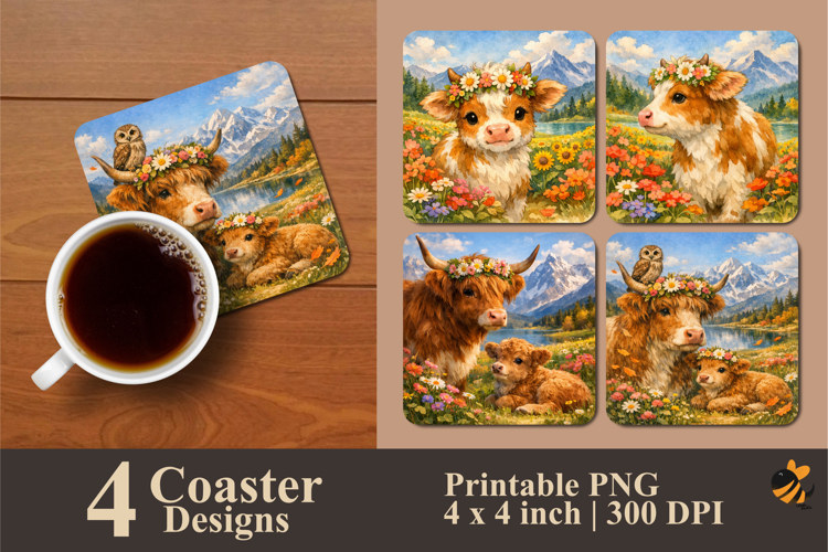 Dusk Mountain Cow Coaster Sublimation Design