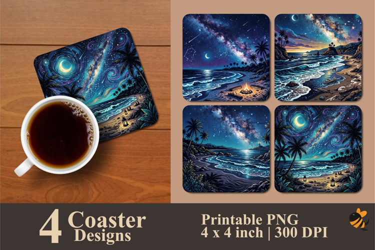 Beach on a Starry Night Coaster Sublimation Designs