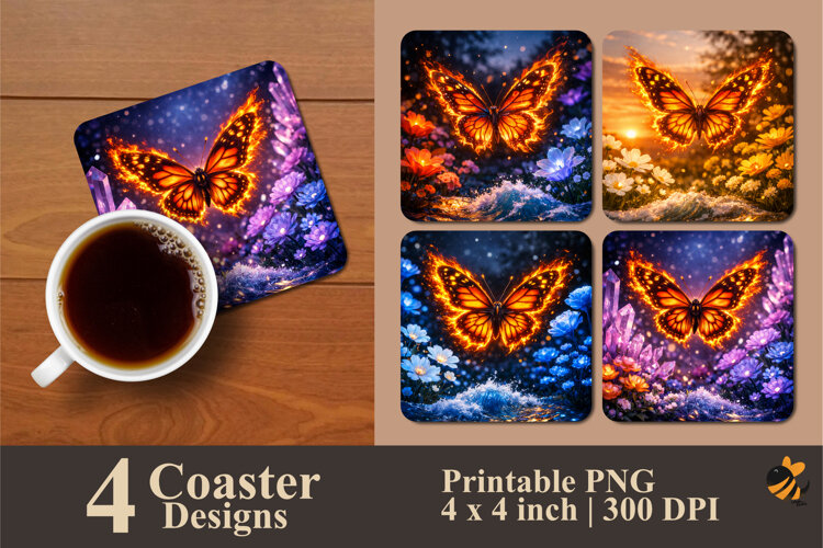 Fire Butterfly Coaster Sublimation Design example image 1