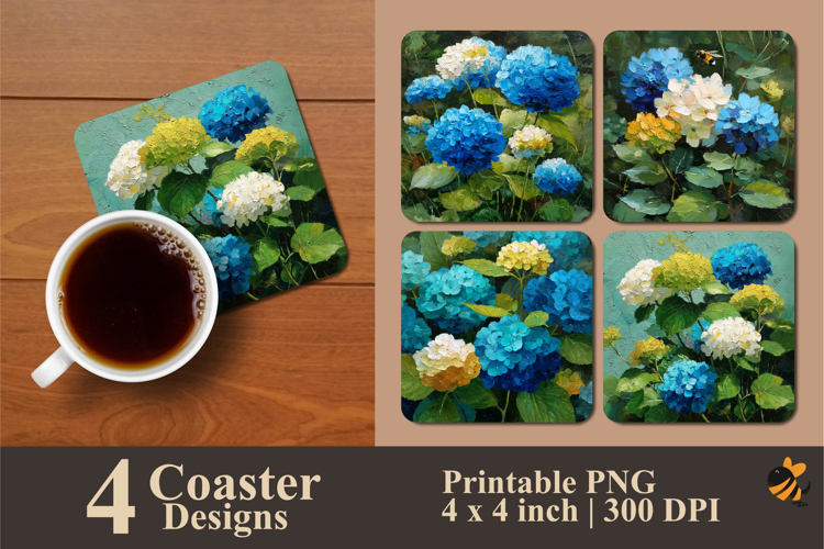 Blue Green Hydrangea Coaster Sublimation Design