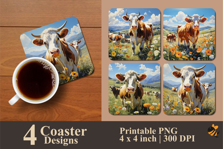 Green Field Cow Coaster Sublimation Design