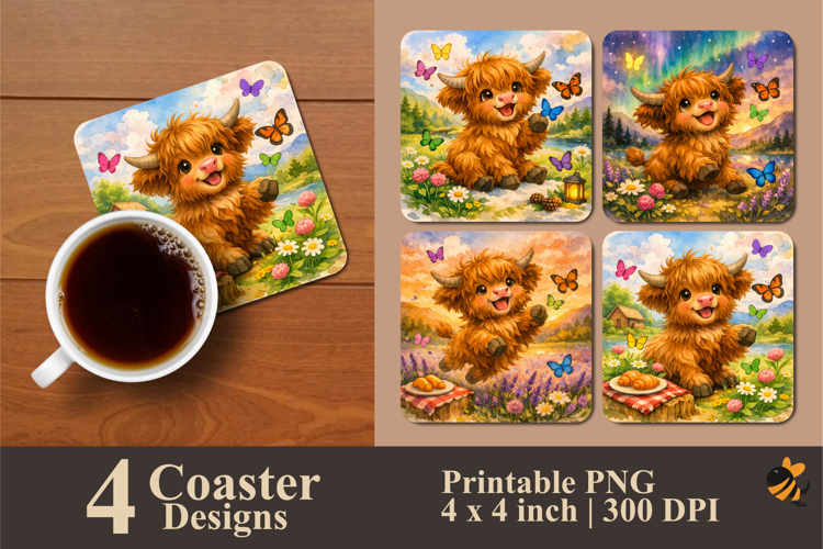 Highland Cow Playing Butterfly Coaster Sublimation Design