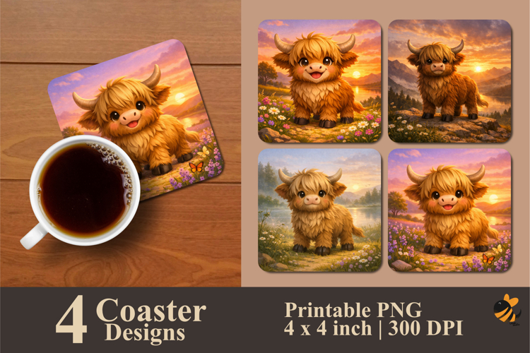 Highland Cow Sunset Coaster Sublimation Design