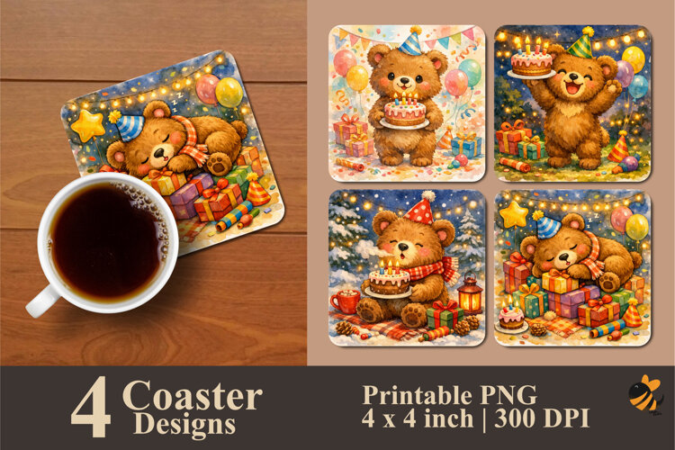 Bear’s Birthday Coaster Sublimation Design example image 1
