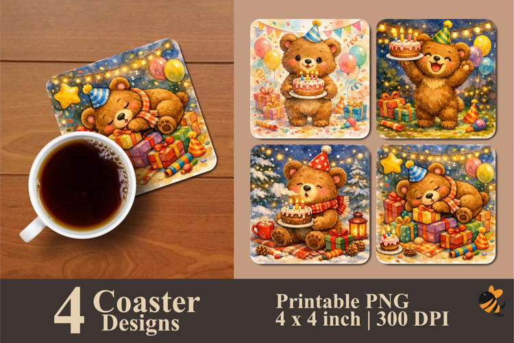 Bear’s Birthday Coaster Sublimation Design