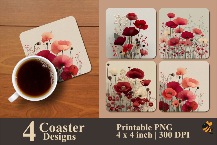 Muted Spring Poppies Coaster Sublimation Design