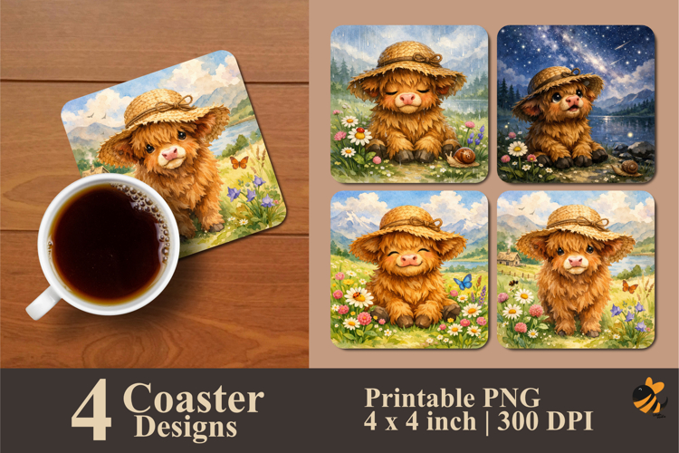 Highland Cow Wearing Straw Hat Coaster Sublimation Design