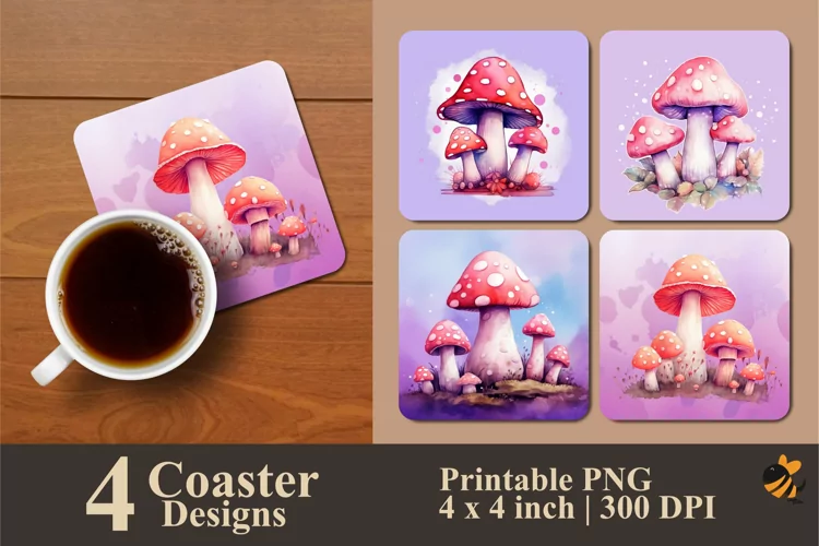 Pink Mushroom Coaster Sublimation Designs