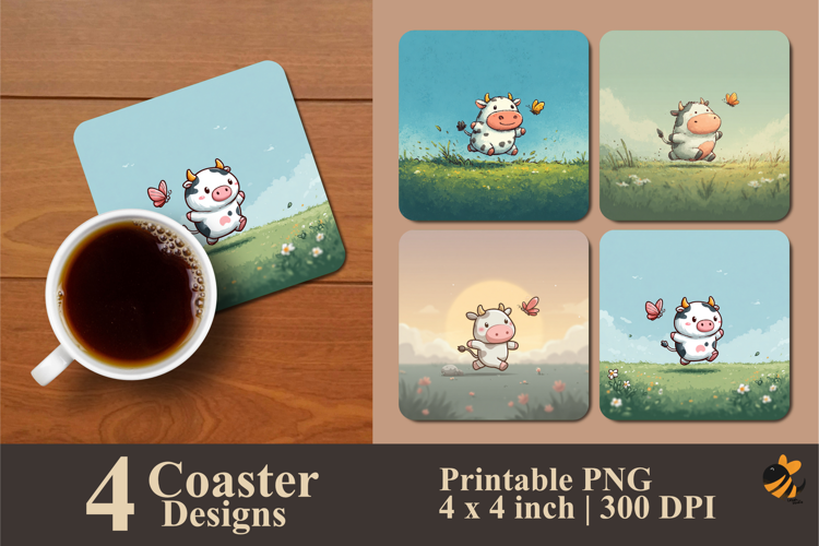 Cow Character Coaster Sublimation Design