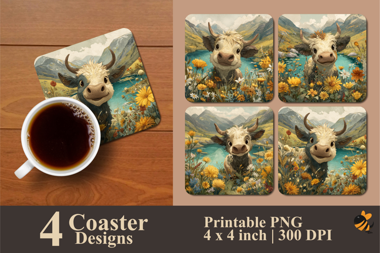 Cheerful Face Cow Coaster Sublimation Design