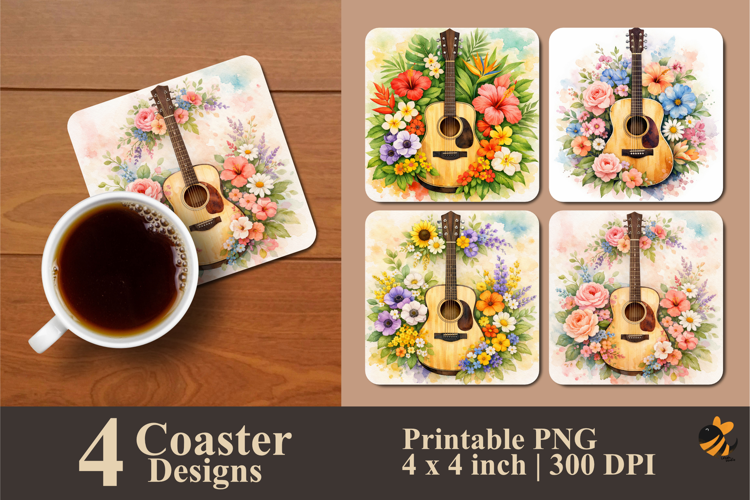 Guitar And Floral Coaster Sublimation Design