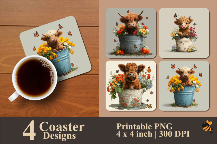 Highland Bucket Cow Coaster Sublimation Design
