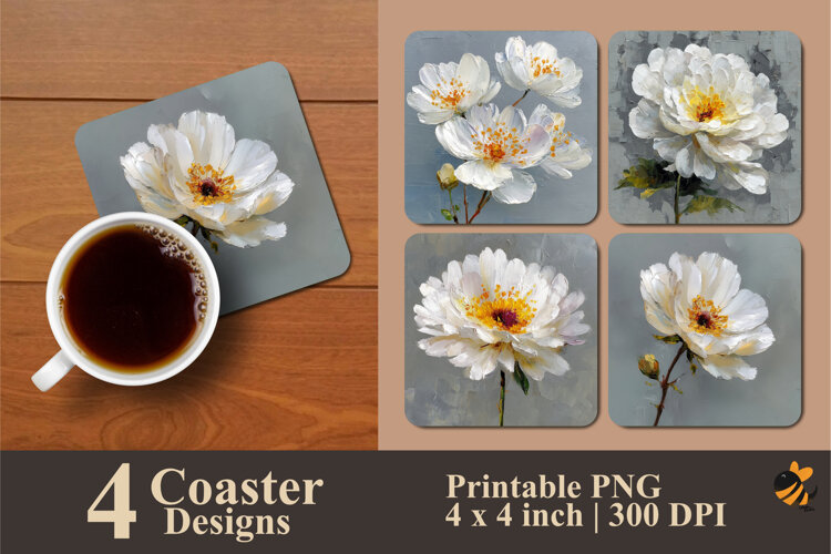 White Flower Painting Coaster Sublimation Design example image 1