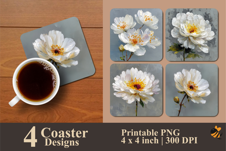 White Flower Painting Coaster Sublimation Design