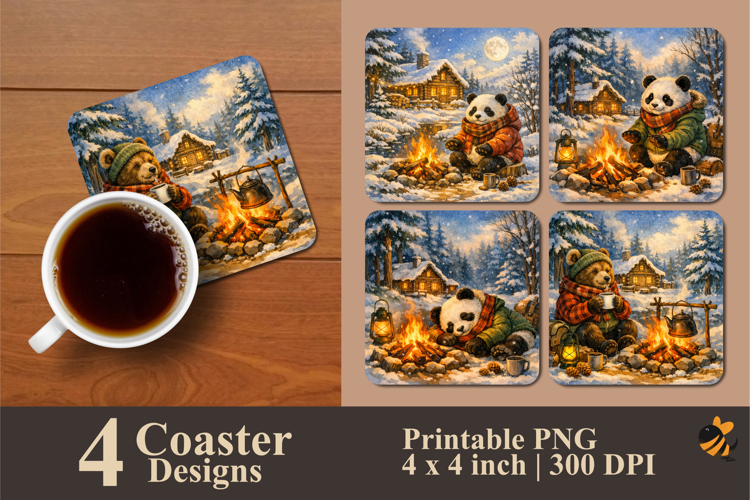 Winter Panda Coaster Sublimation Design