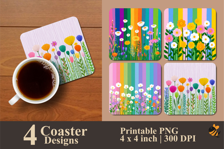 Rainbow Flowers Coaster Sublimation Design