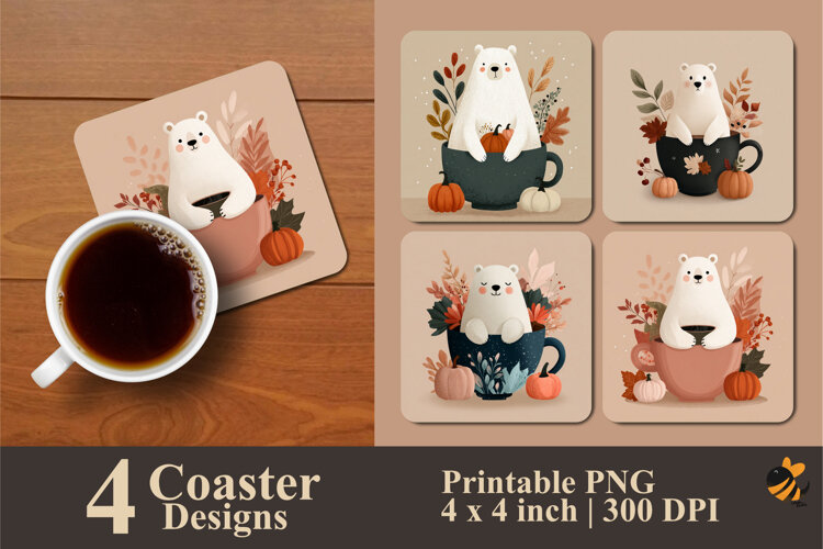 Bear Relaxing Fall Coaster Sublimation Design example image 1