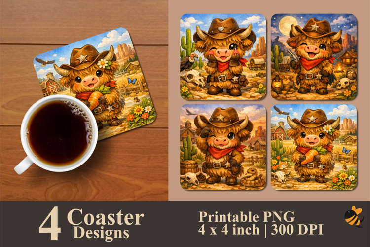 Cowboy Cow Coaster Sublimation Design