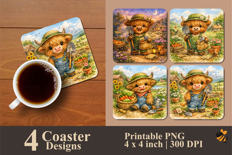 Highland Cow Gardening Coaster Sublimation Design