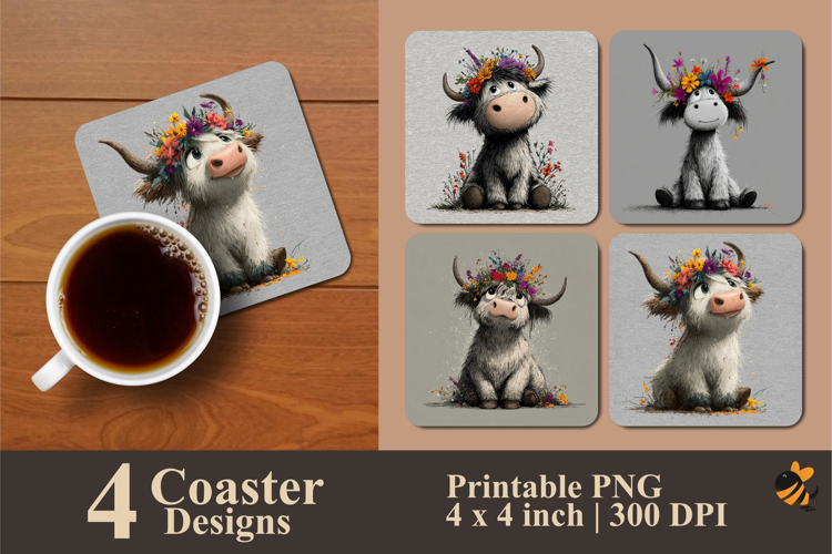 Cheerful Flower Cow Coaster Sublimation Design