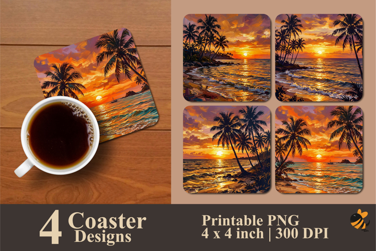 Summer Golden Sunset Beach Coaster Sublimation Design