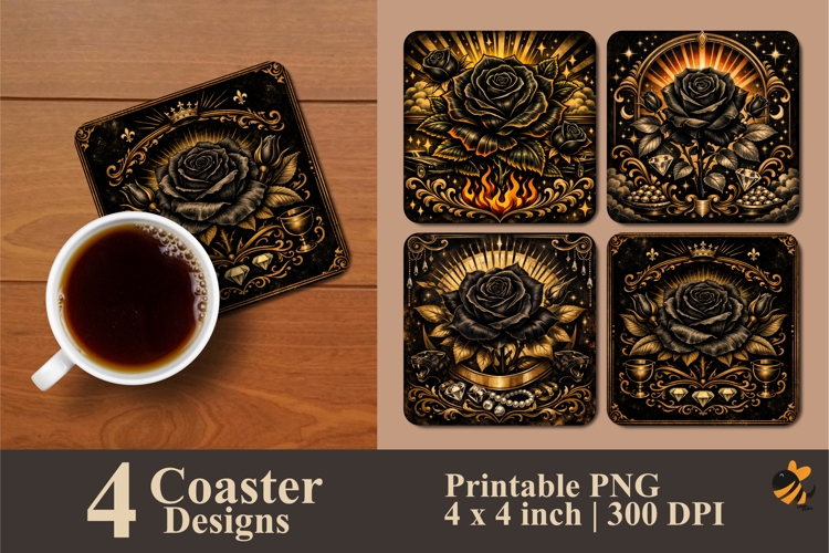 Retro Black Rose Coaster Sublimation Design
