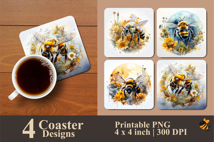Watercolor Bee Coaster Sublimation Design