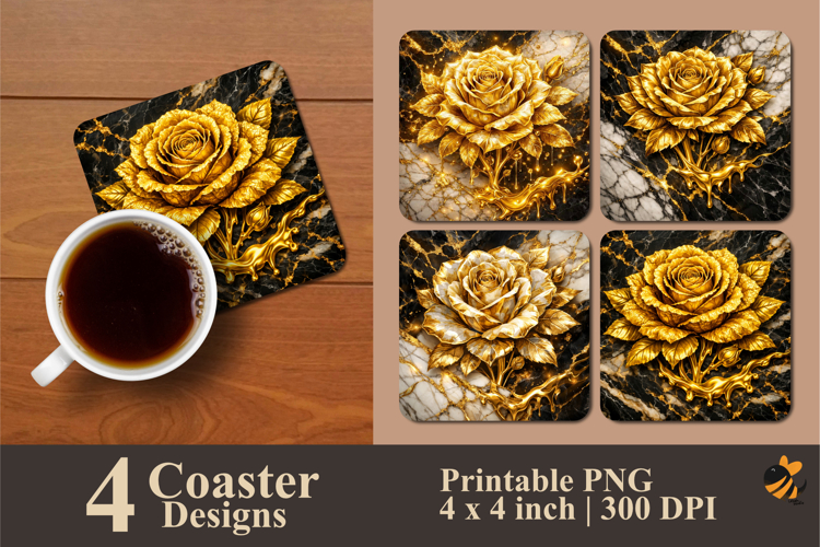 Golden Rose Marble Coaster Sublimation Design