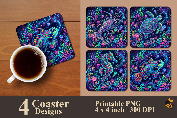 Neon Sea Creatures Coaster Sublimation Design