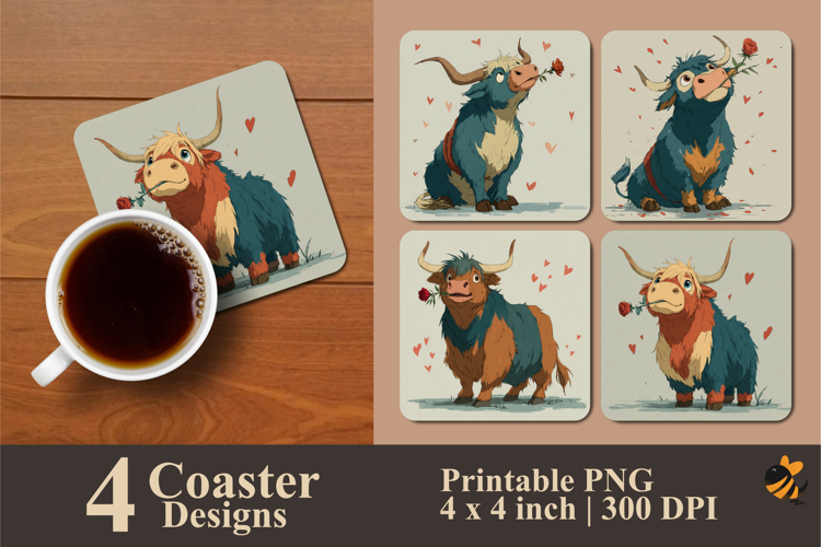 Romantic Cow Coaster Sublimation Design