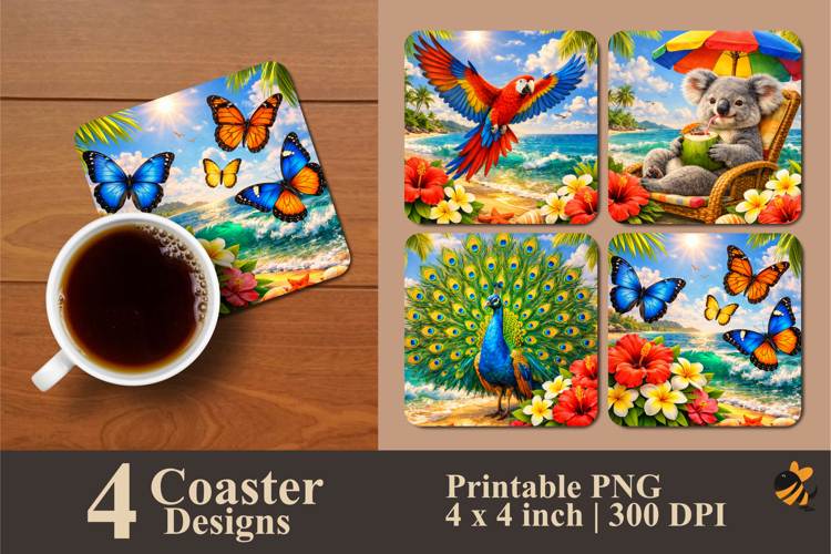 Tropical Summer Animals Coaster Sublimation Design
