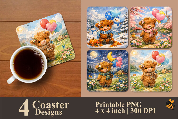 Highland Cow Holding Balloon Coaster Sublimation Design example image 1