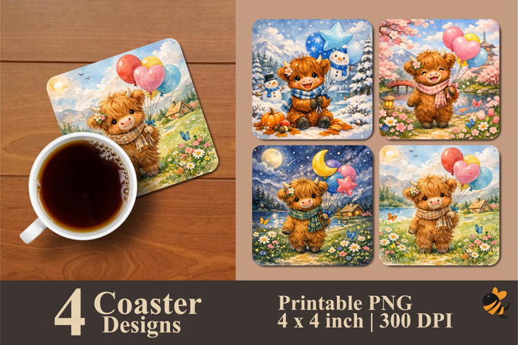 Highland Cow Holding Balloon Coaster Sublimation Design